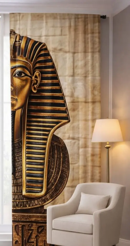 Decorative curtain with right half golden Tutankhamun design in a living room setting.